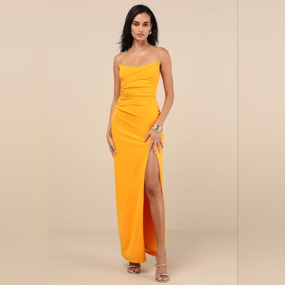 Lulus Malia Golden Yellow Ruched Strapless Maxi Dress XS Wedding Party Prom - Picture 2 of 9